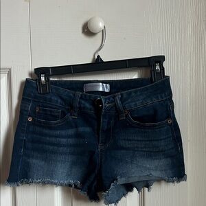 Dark Blue Denim Frayed Hem Women's Shorts